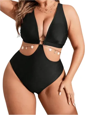 OYOANGLE Women's Plus Size Ring Linked Cut Out One Piece Swimsuit Deep V Neck Bathing Suits Beachwear