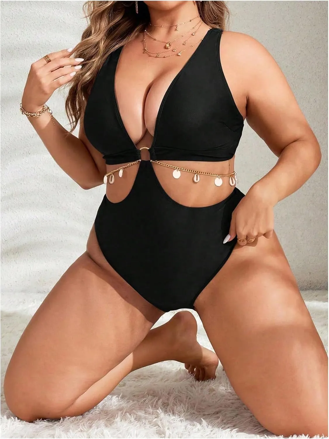 OYOANGLE Women's Plus Size Ring Linked Cut Out One Piece Swimsuit Deep V Neck Bathing Suits Beachwear