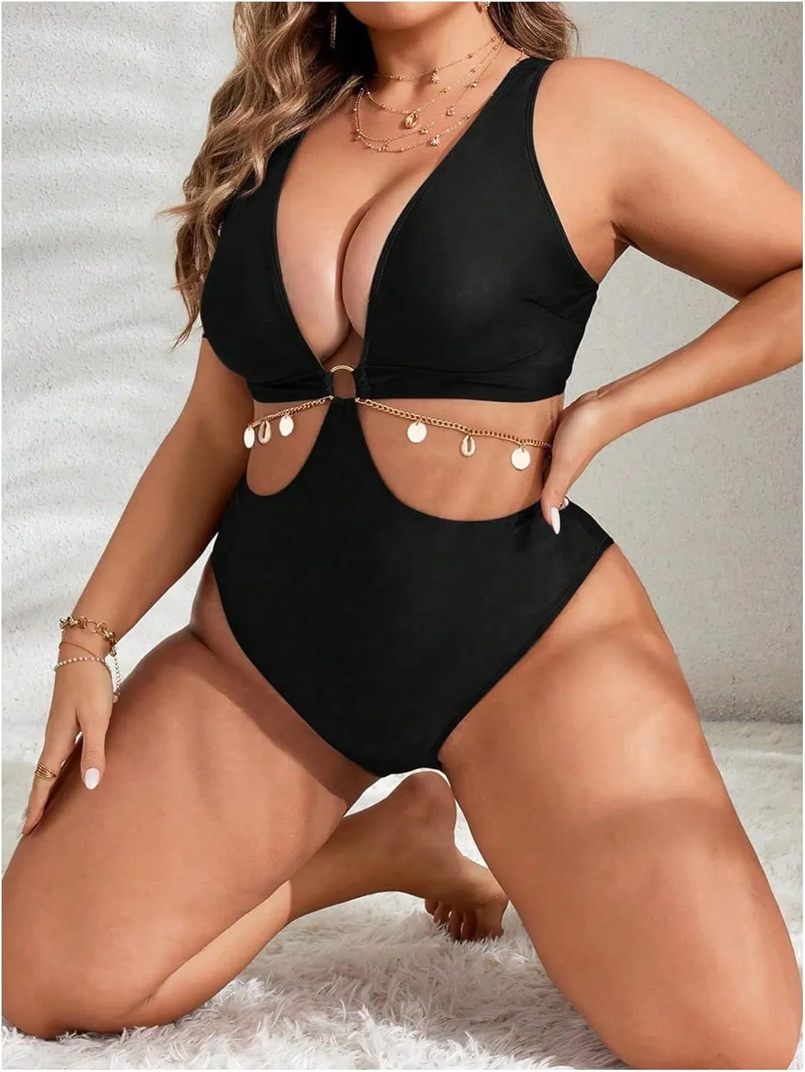 OYOANGLE Women's Plus Size Ring Linked Cut Out One Piece Swimsuit Deep V Neck Bathing Suits Beachwear