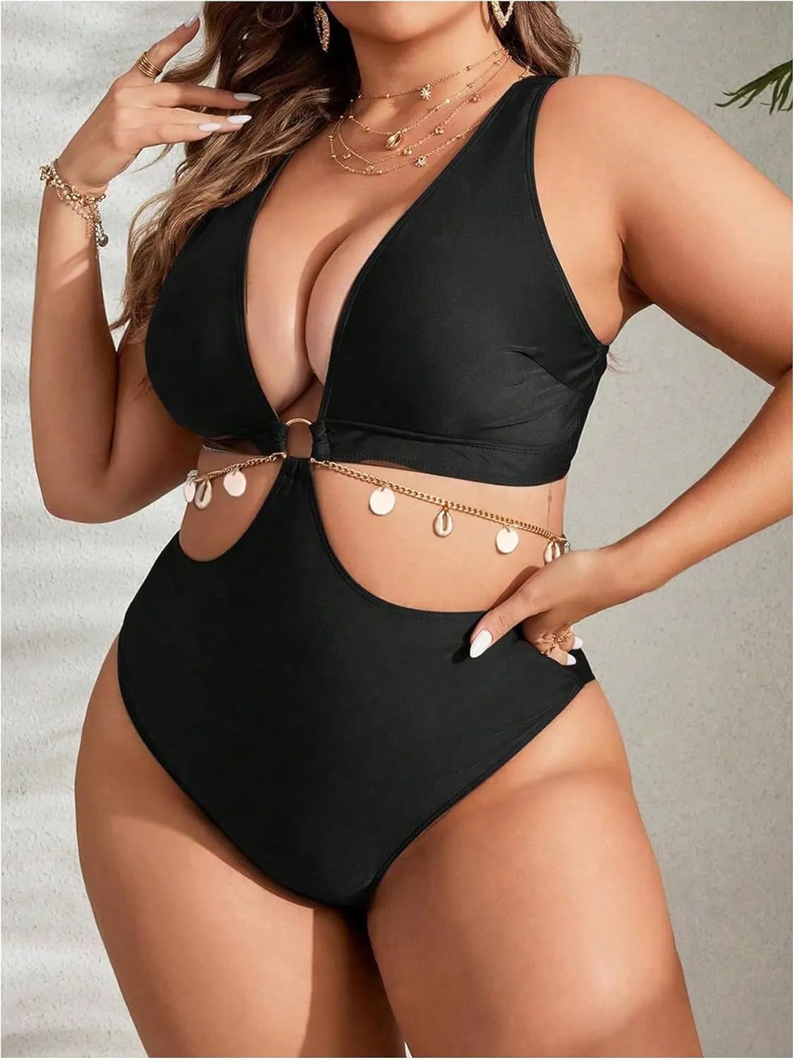 OYOANGLE Women's Plus Size Ring Linked Cut Out One Piece Swimsuit Deep V Neck Bathing Suits Beachwear