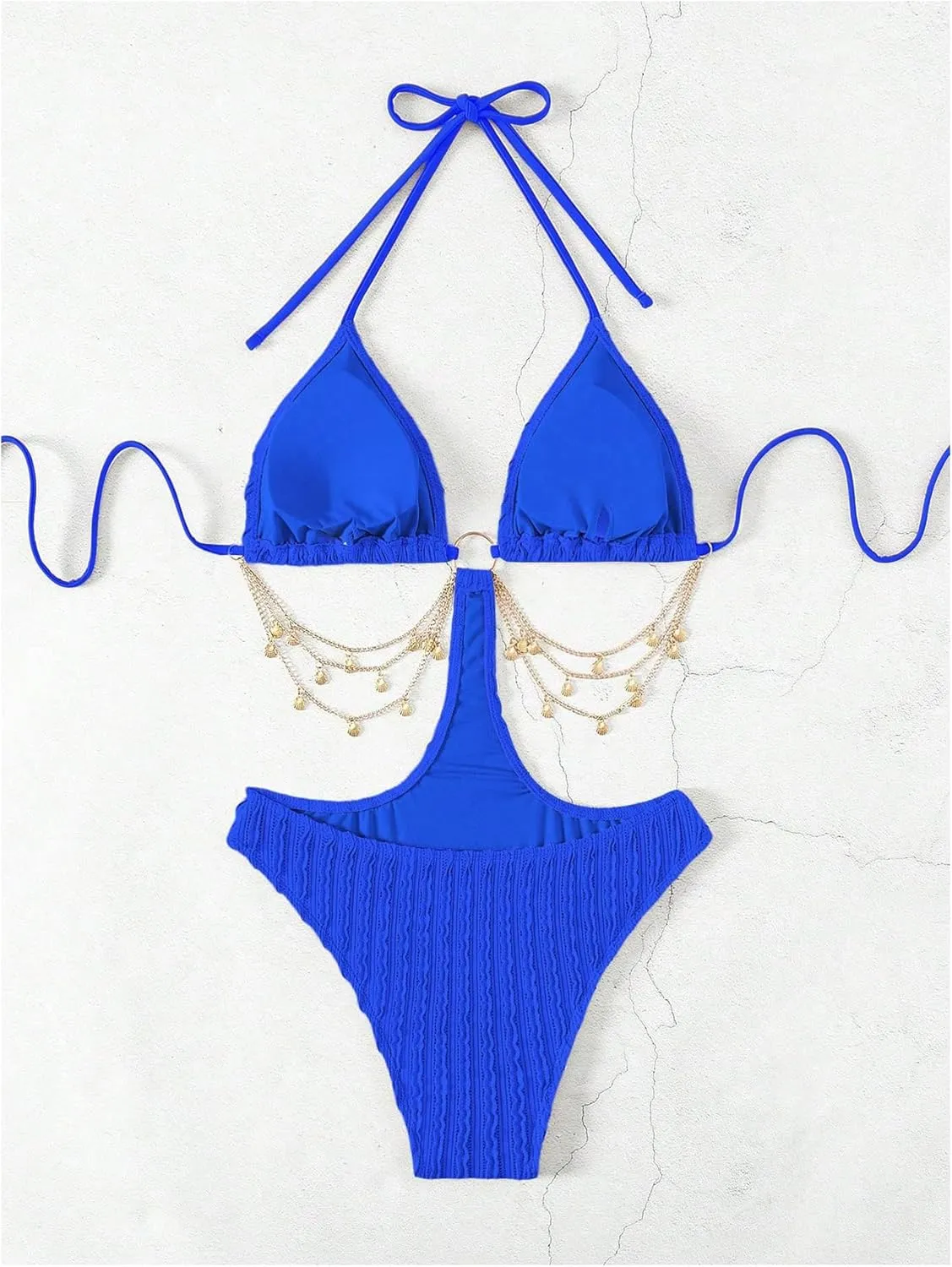 OYOANGLE Women's Ring Linked Cut Out One Piece Swimsuits Textured Tie Backless Halter Bathing Suit Monokini