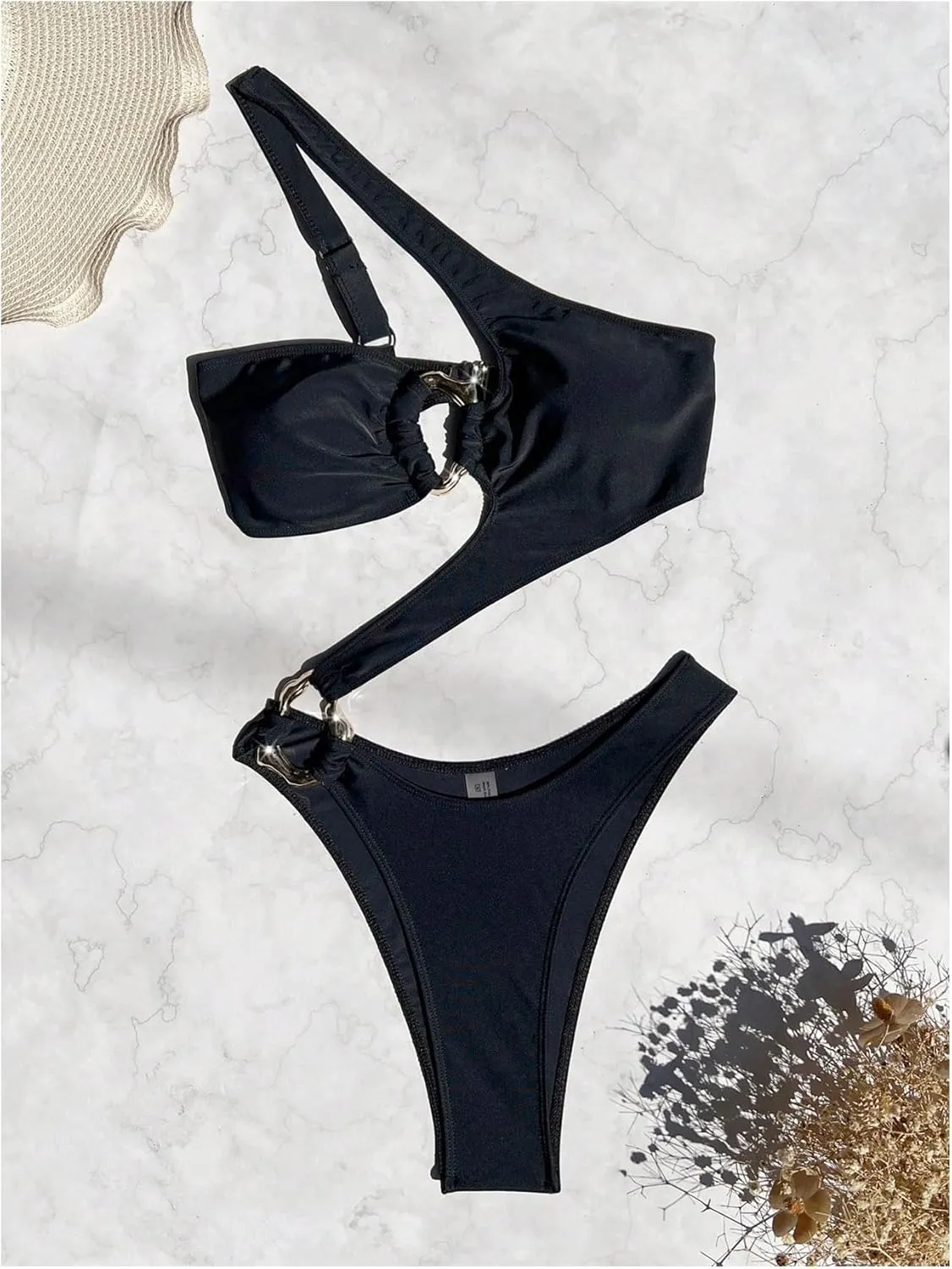OYOANGLE Women's Ring Linked Cut Out One Shoulder One Piece Swimsuit High Cut Bathing Suits
