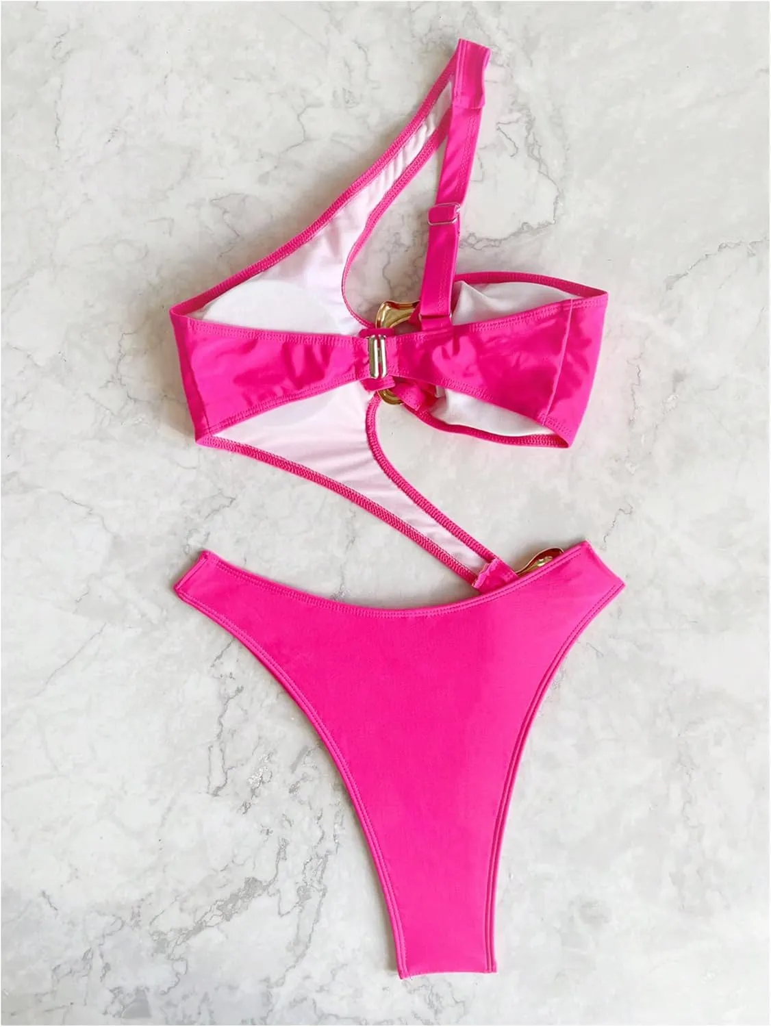 OYOANGLE Women's Ring Linked Cut Out One Shoulder One Piece Swimsuit High Cut Bathing Suits