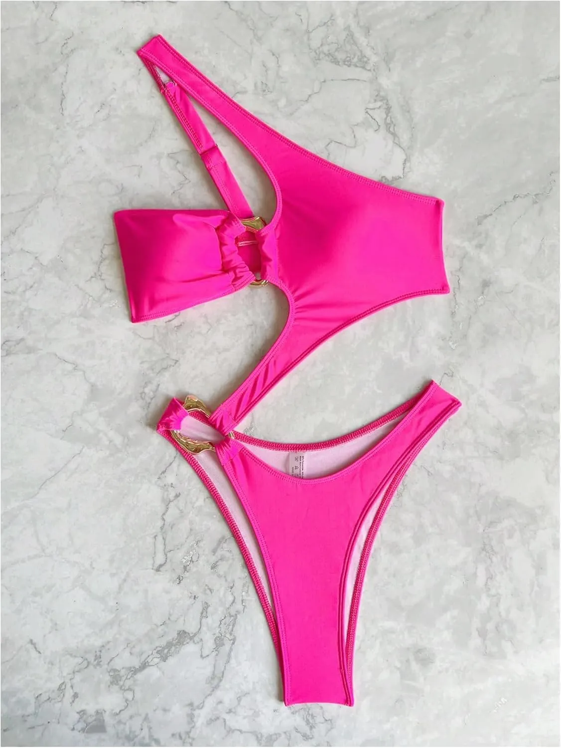 OYOANGLE Women's Ring Linked Cut Out One Shoulder One Piece Swimsuit High Cut Bathing Suits