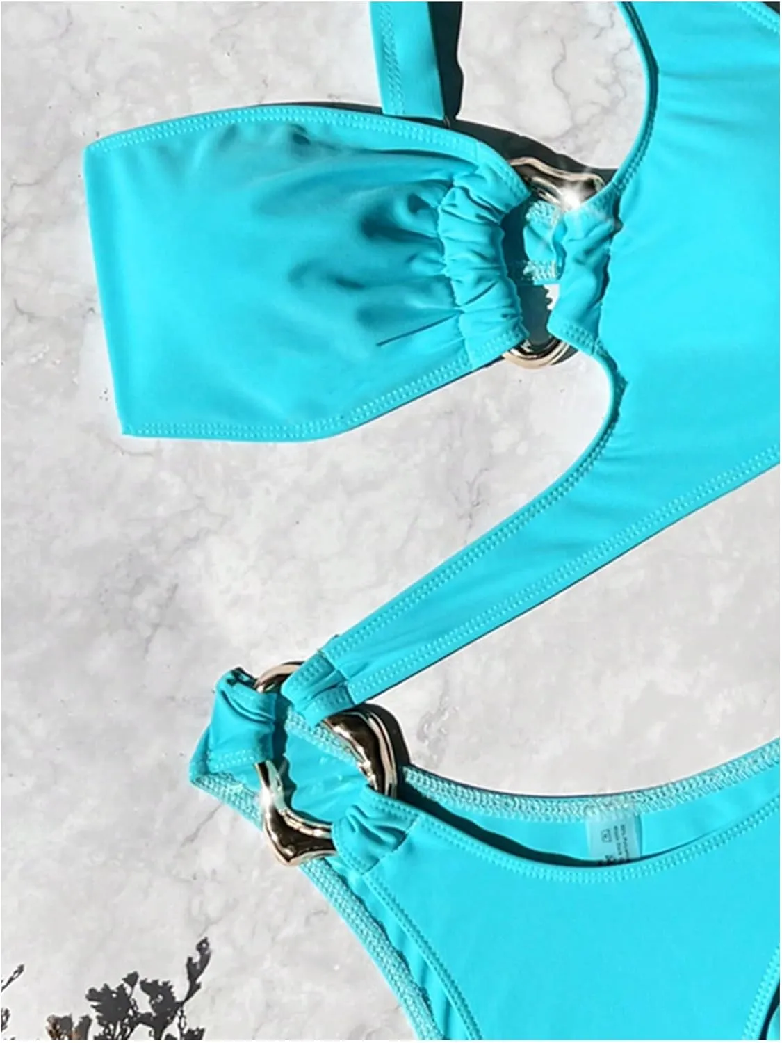 OYOANGLE Women's Ring Linked Cut Out One Shoulder One Piece Swimsuit High Cut Bathing Suits
