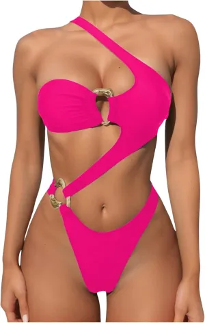 OYOANGLE Women's Ring Linked Cut Out One Shoulder One Piece Swimsuit High Cut Bathing Suits