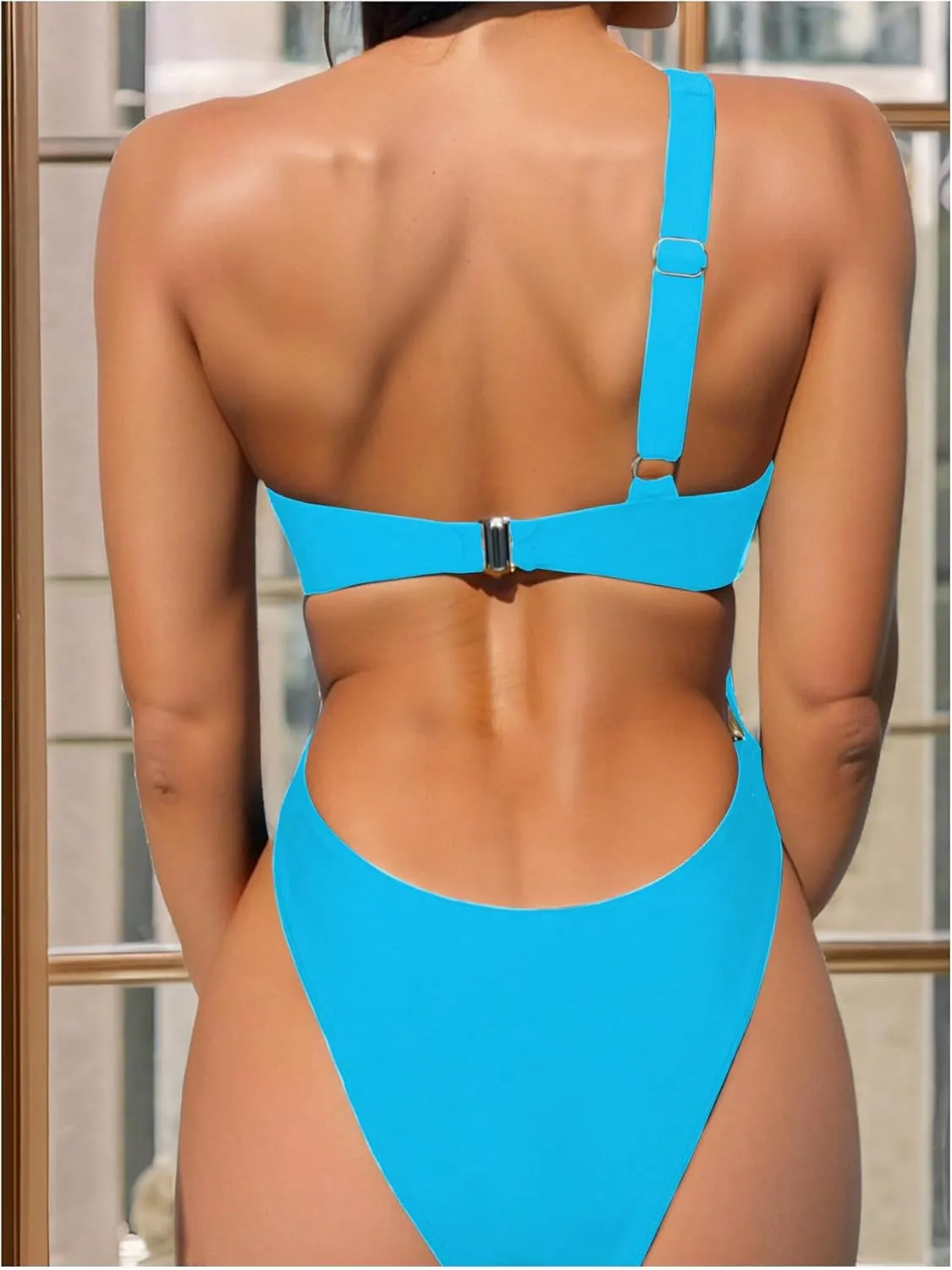 OYOANGLE Women's Ring Linked Cut Out One Shoulder One Piece Swimsuit High Cut Bathing Suits
