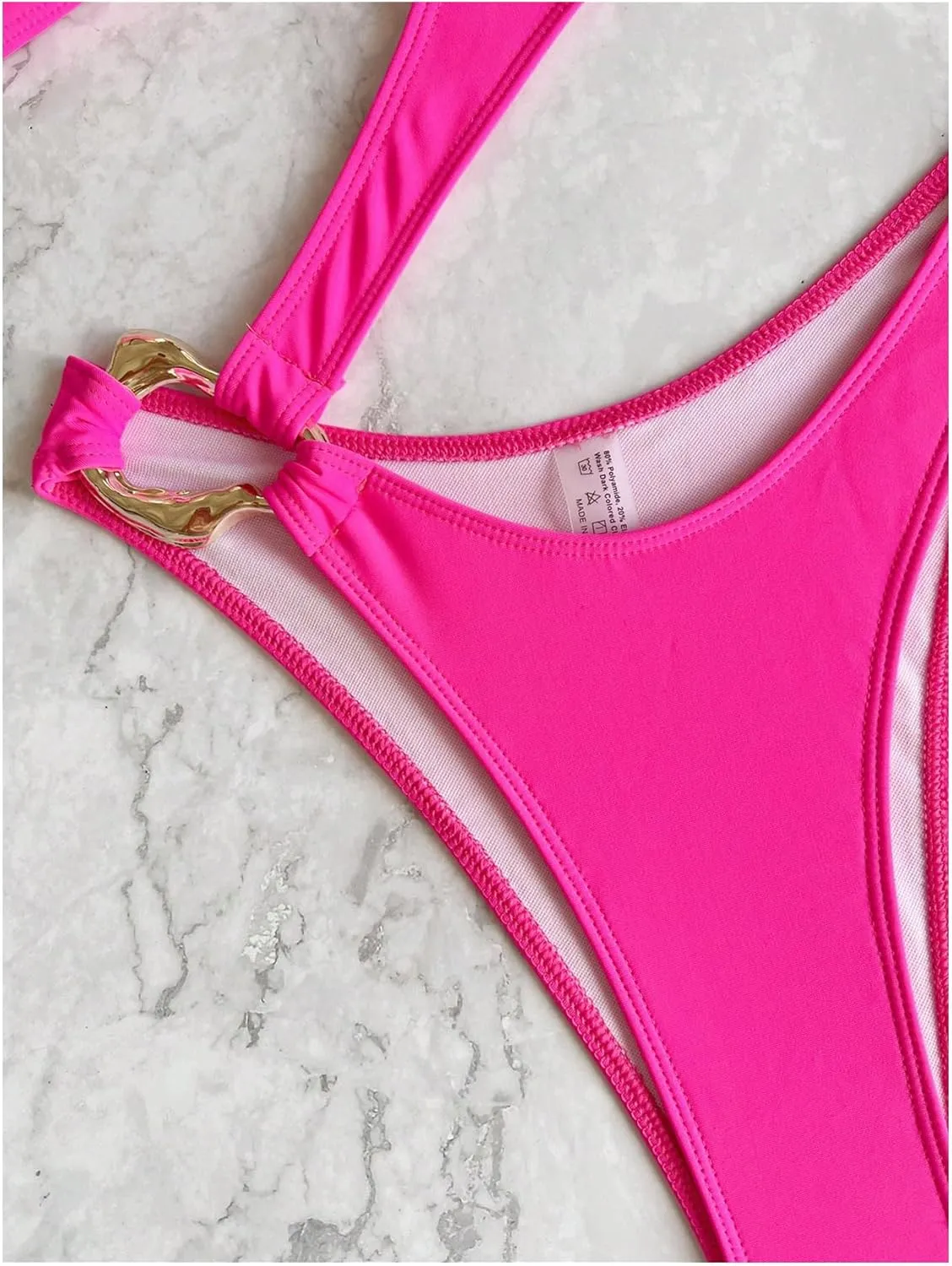 OYOANGLE Women's Ring Linked Cut Out One Shoulder One Piece Swimsuit High Cut Bathing Suits