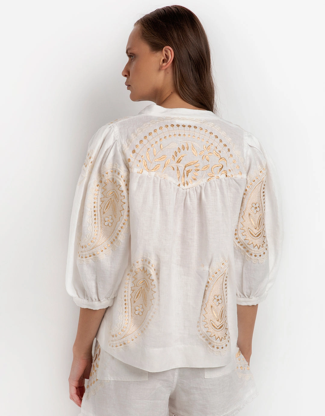 Paisley Long Sleeve Blouse - White and Gold