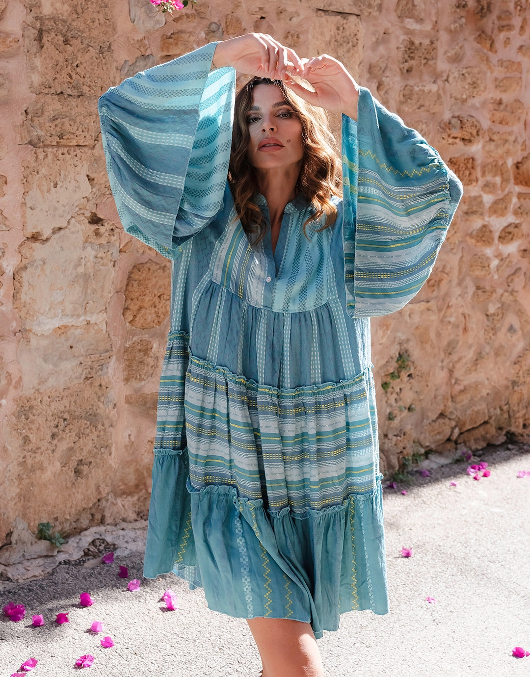 Patchwork Mini Boho Dress - Blue