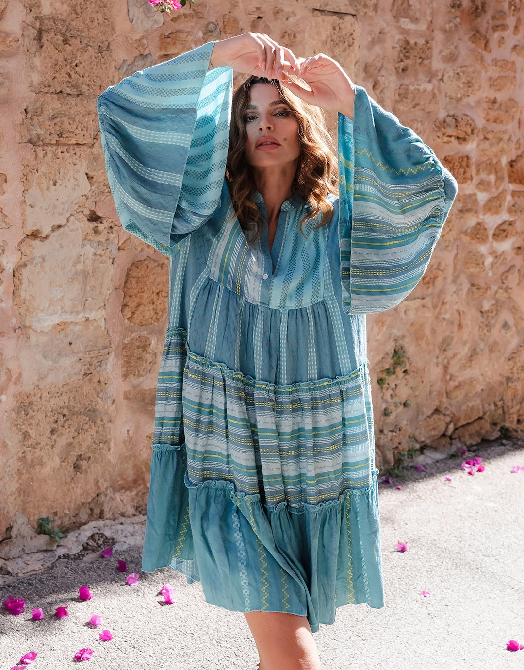 Patchwork Mini Boho Dress - Blue