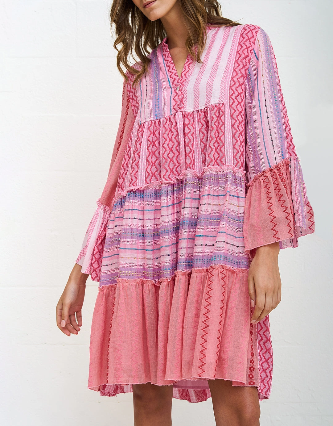 Patchwork Mini Boho Dress - Pink