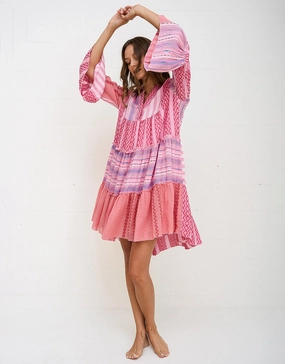 Patchwork Mini Boho Dress - Pink