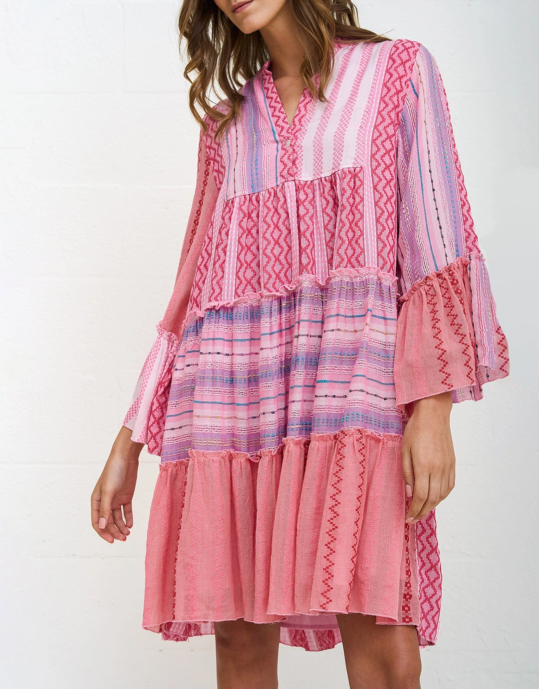 Patchwork Mini Boho Dress - Pink
