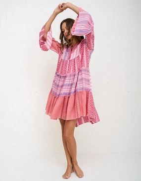 Patchwork Mini Boho Dress - Pink