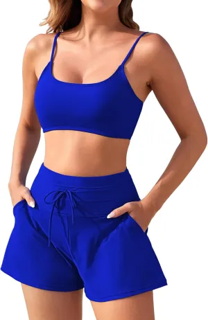 Pink Queen 2 Piece Bathing Suits for Women Adjustable Strap Top Drawstring High Waisted Bikini Shorts Swimsuit with Pockets