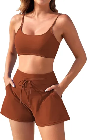 Pink Queen 2 Piece Bathing Suits for Women Adjustable Strap Top Drawstring High Waisted Bikini Shorts Swimsuit with Pockets