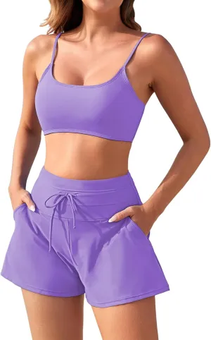 Pink Queen 2 Piece Bathing Suits for Women Adjustable Strap Top Drawstring High Waisted Bikini Shorts Swimsuit with Pockets