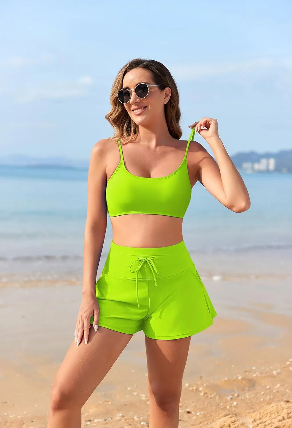 Pink Queen 2 Piece Bathing Suits for Women Adjustable Strap Top Drawstring High Waisted Bikini Shorts Swimsuit with Pockets