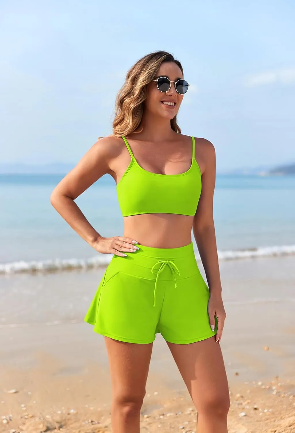 Pink Queen 2 Piece Bathing Suits for Women Adjustable Strap Top Drawstring High Waisted Bikini Shorts Swimsuit with Pockets
