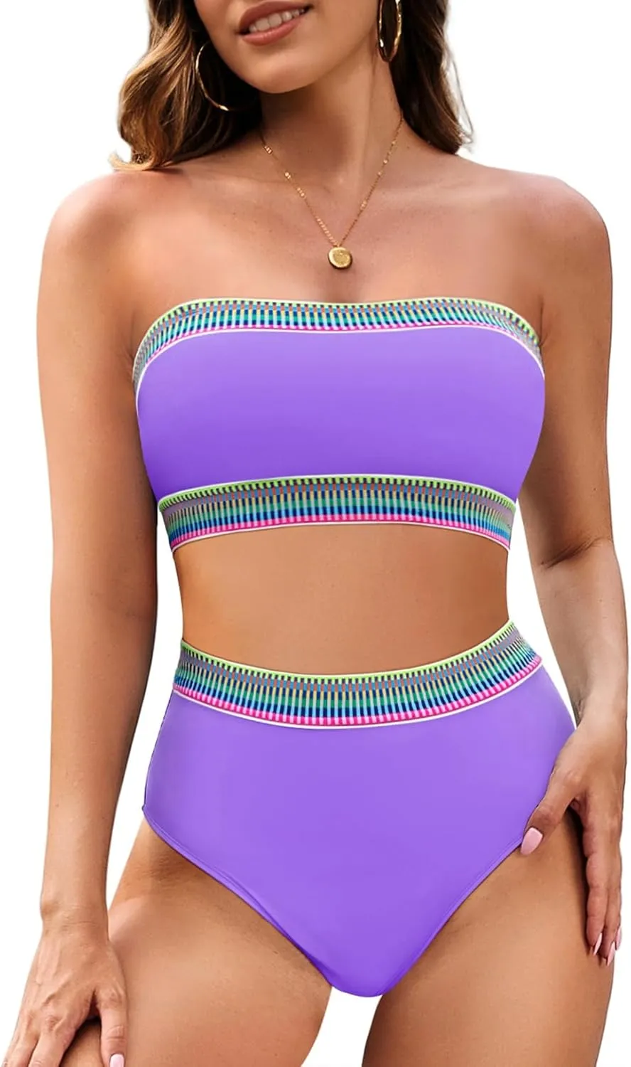 Pink Queen Tube Top Bikini Sets for Women Removable Strap Pad Color Block Two Piece Swimming Suit Swimwear