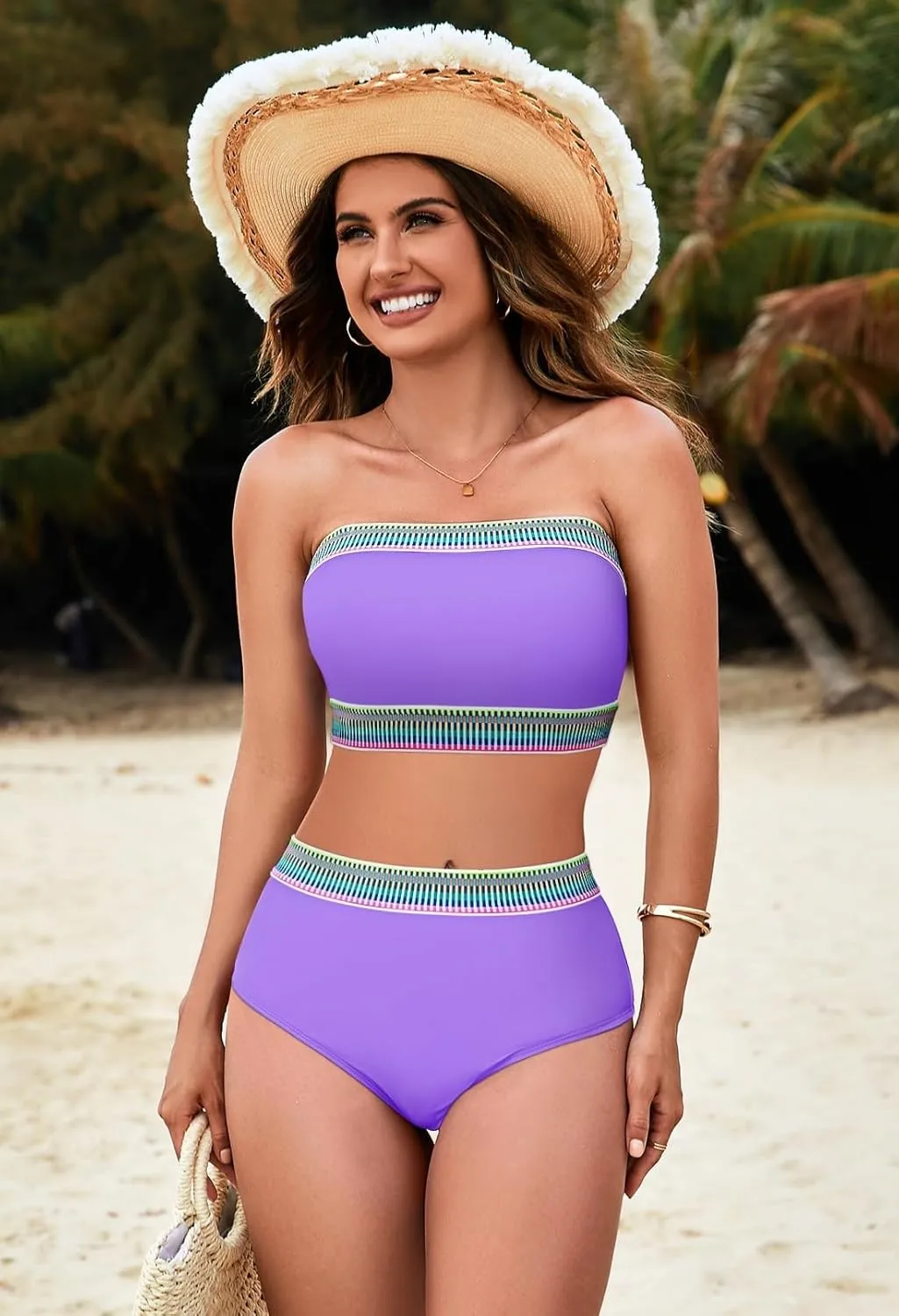 Pink Queen Tube Top Bikini Sets for Women Removable Strap Pad Color Block Two Piece Swimming Suit Swimwear