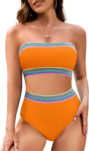 Pink Queen Tube Top Bikini Sets for Women Removable Strap Pad Color Block Two Piece Swimming Suit Swimwear