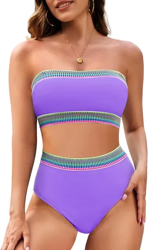 Pink Queen Tube Top Bikini Sets for Women Removable Strap Pad Color Block Two Piece Swimming Suit Swimwear