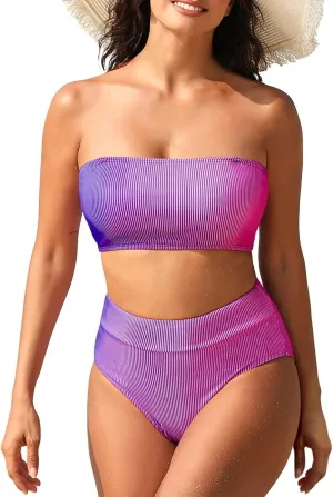 Pink Queen Women High Waisted Bikini Set Ribbed Colorful Bandeau Swimsuits Bathing Suit