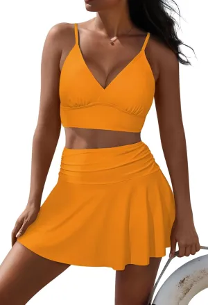 Pink Queen Women's High Waisted Bikini Set Two Piece Swimsuit V Neck Spaghetti Straps Swim Skirt Bathing Suit