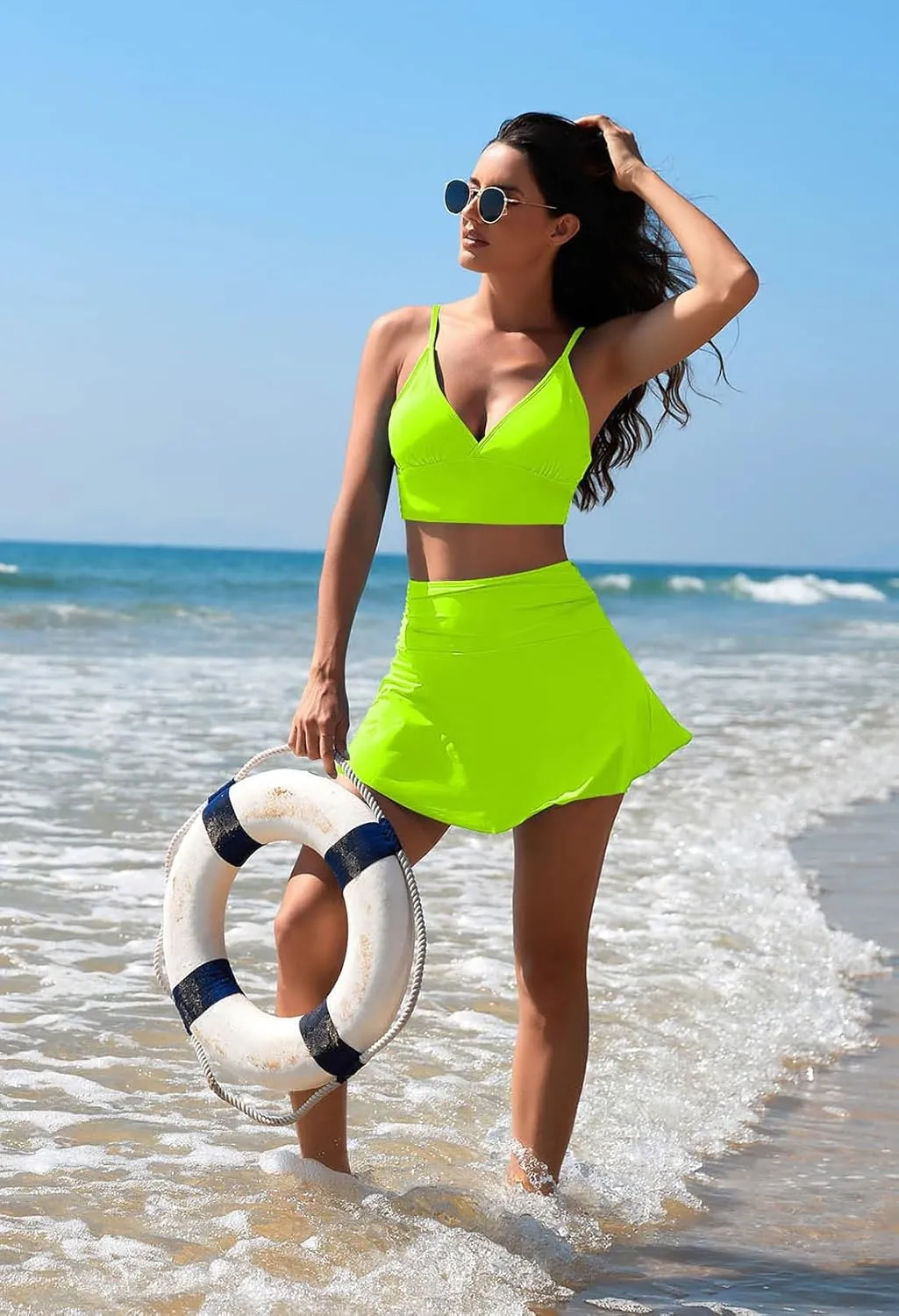 Pink Queen Women's High Waisted Bikini Set Two Piece Swimsuit V Neck Spaghetti Straps Swim Skirt Bathing Suit