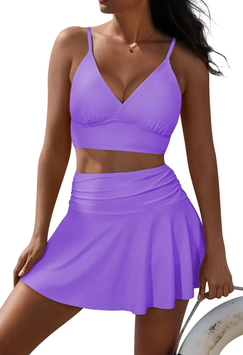 Pink Queen Women's High Waisted Bikini Set Two Piece Swimsuit V Neck Spaghetti Straps Swim Skirt Bathing Suit
