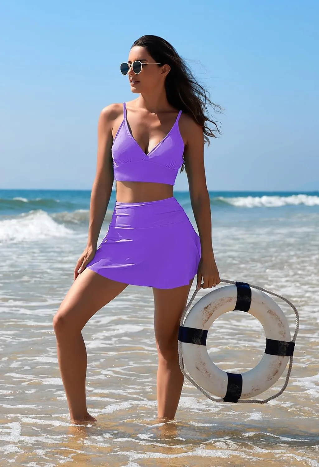 Pink Queen Women's High Waisted Bikini Set Two Piece Swimsuit V Neck Spaghetti Straps Swim Skirt Bathing Suit