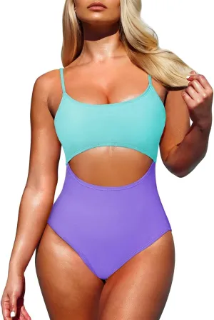 Pink Queen Women's One Piece Swimsuit Spaghetti Strap Scoop Neck Cutout High Waisted Bathing Suit Monokini