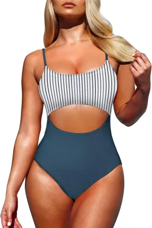 Pink Queen Women's One Piece Swimsuit Spaghetti Strap Scoop Neck Cutout High Waisted Bathing Suit Monokini