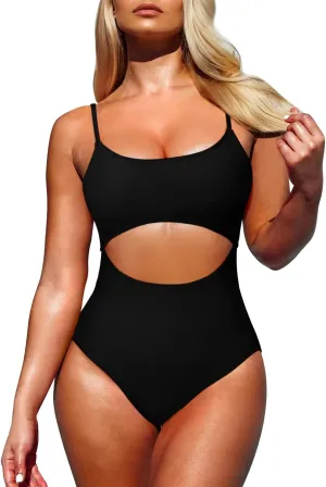 Pink Queen Women's One Piece Swimsuit Spaghetti Strap Scoop Neck Cutout High Waisted Bathing Suit Monokini