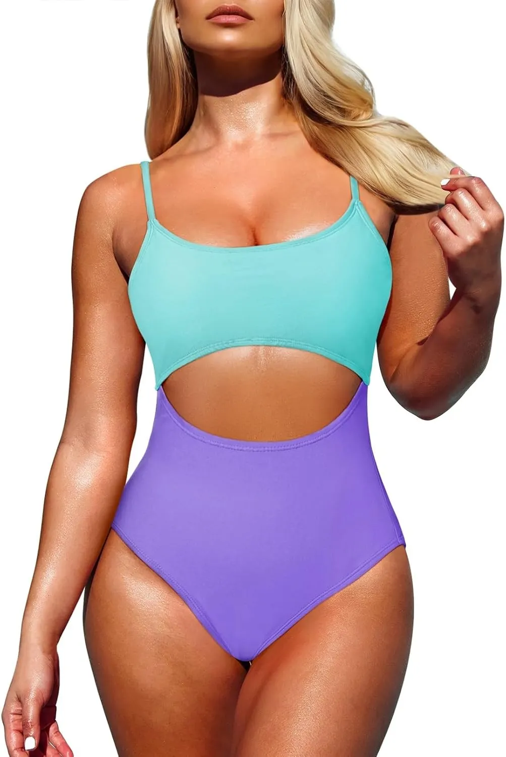Pink Queen Women's One Piece Swimsuit Spaghetti Strap Scoop Neck Cutout High Waisted Bathing Suit Monokini