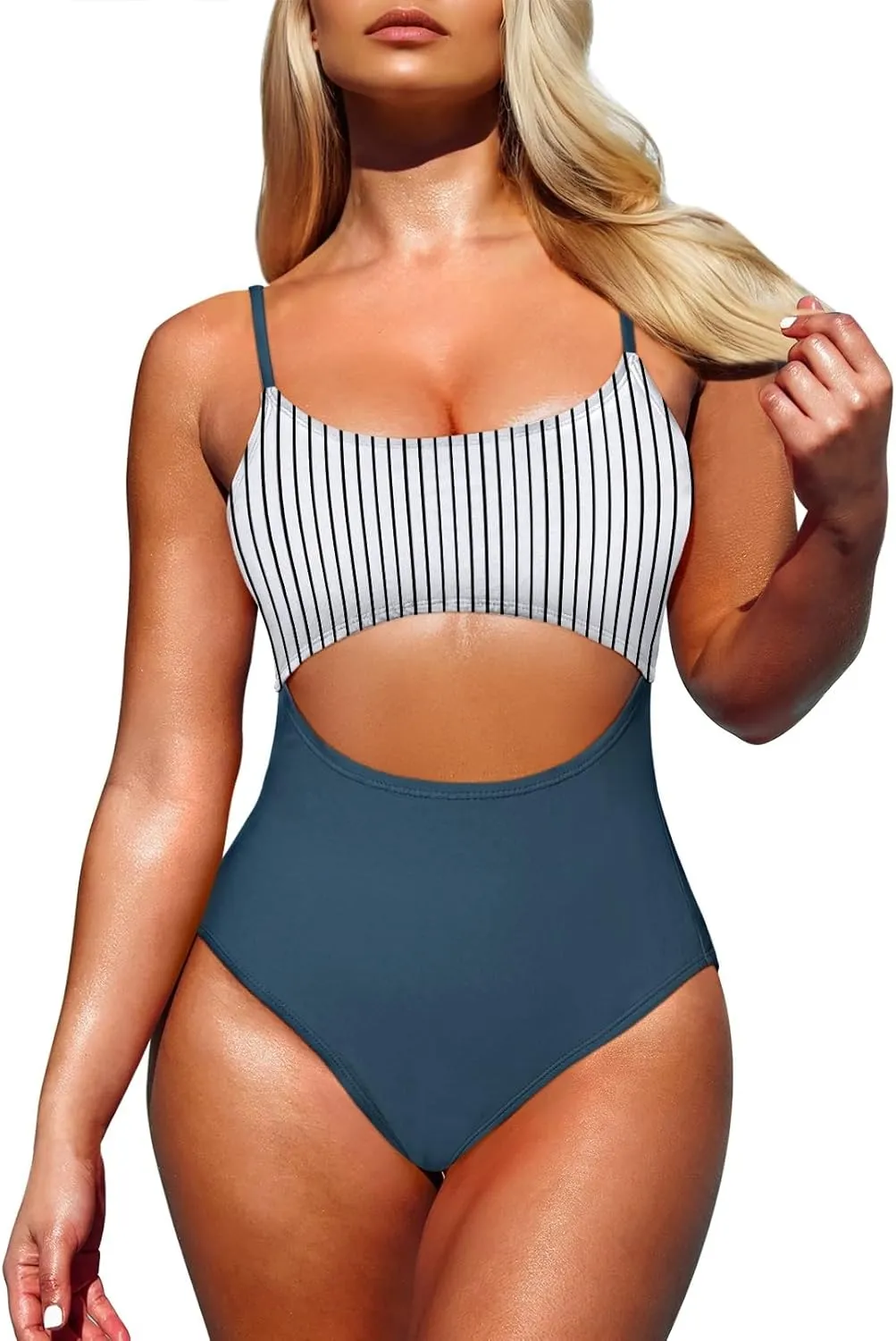 Pink Queen Women's One Piece Swimsuit Spaghetti Strap Scoop Neck Cutout High Waisted Bathing Suit Monokini