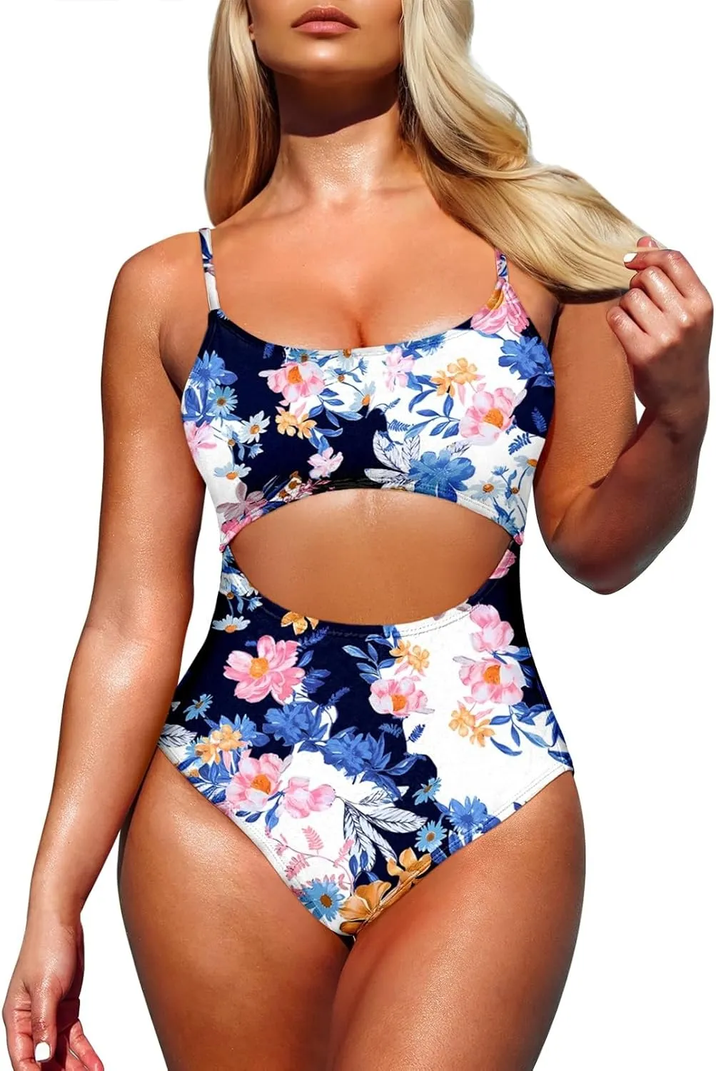 Pink Queen Women's One Piece Swimsuit Spaghetti Strap Scoop Neck Cutout High Waisted Bathing Suit Monokini