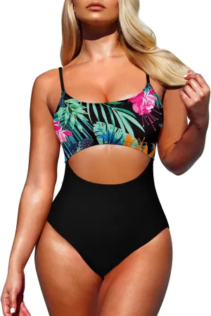Pink Queen Women's One Piece Swimsuit Spaghetti Strap Scoop Neck Cutout High Waisted Bathing Suit Monokini