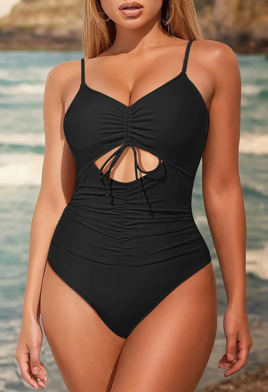 Pink Queen Women's One Piece Swimsuits 2025 Sexy Tummy Control Drawstring Bathing Suit V Neck Cutout Ruched Swimwear