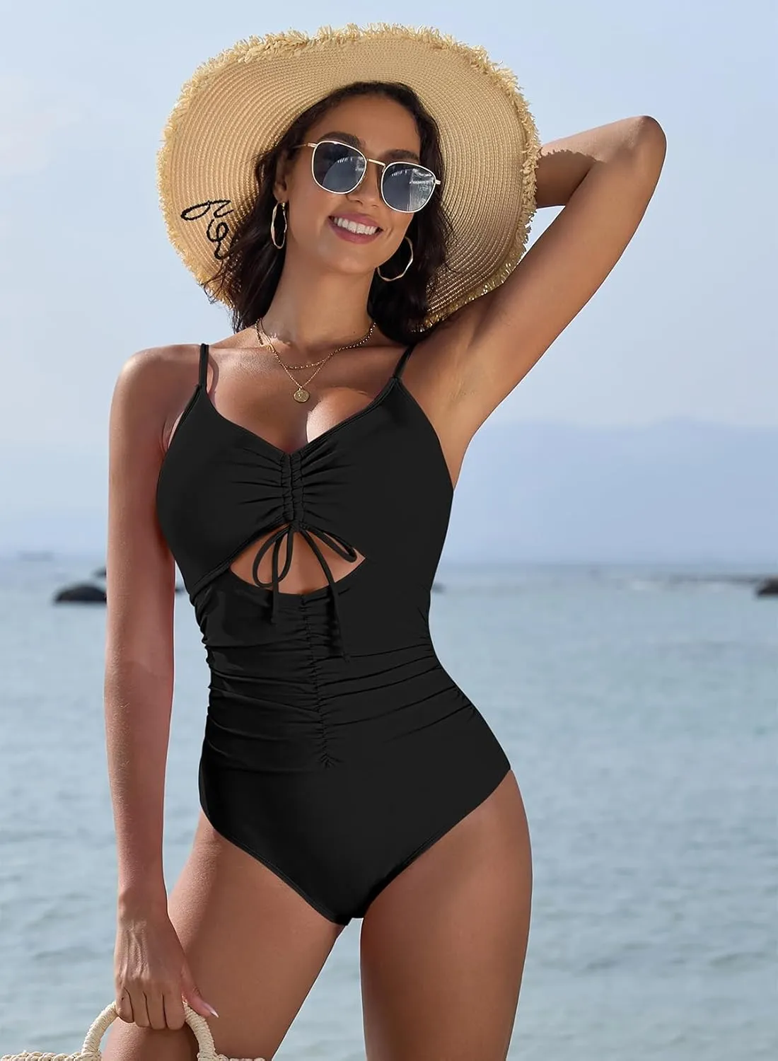 Pink Queen Women's One Piece Swimsuits 2025 Sexy Tummy Control Drawstring Bathing Suit V Neck Cutout Ruched Swimwear