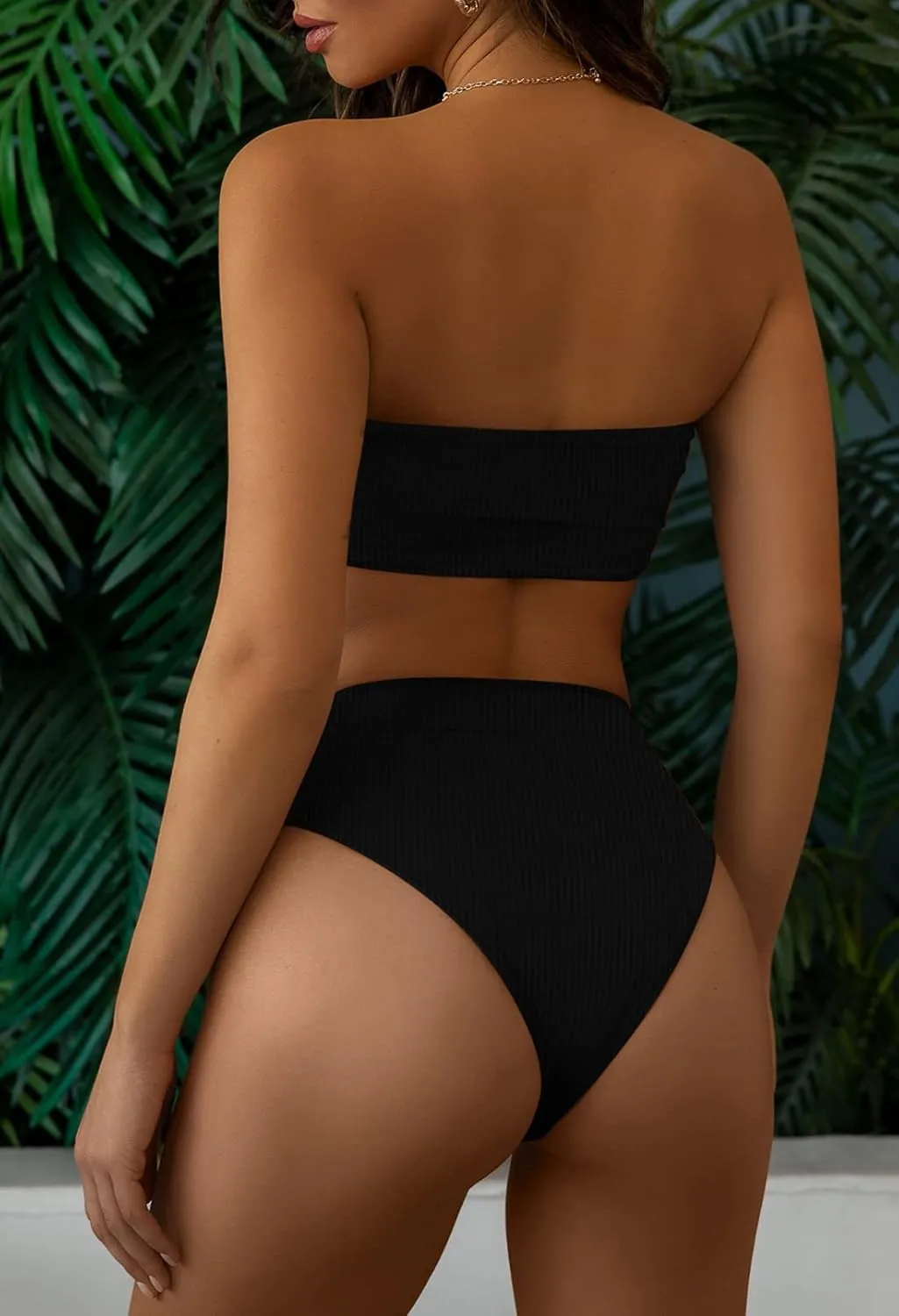 Pink Queen Women's Ribbed High Waisted Bikini Set Removable Strap Bandeau Swimsuit