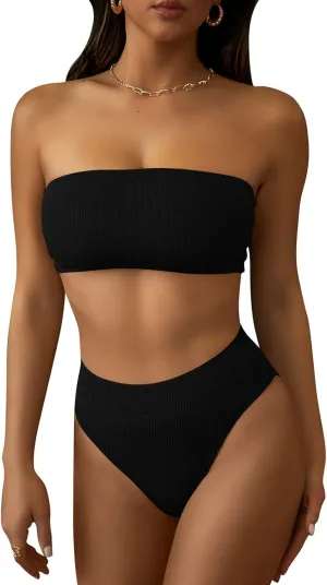 Pink Queen Women's Ribbed High Waisted Bikini Set Removable Strap Bandeau Swimsuit