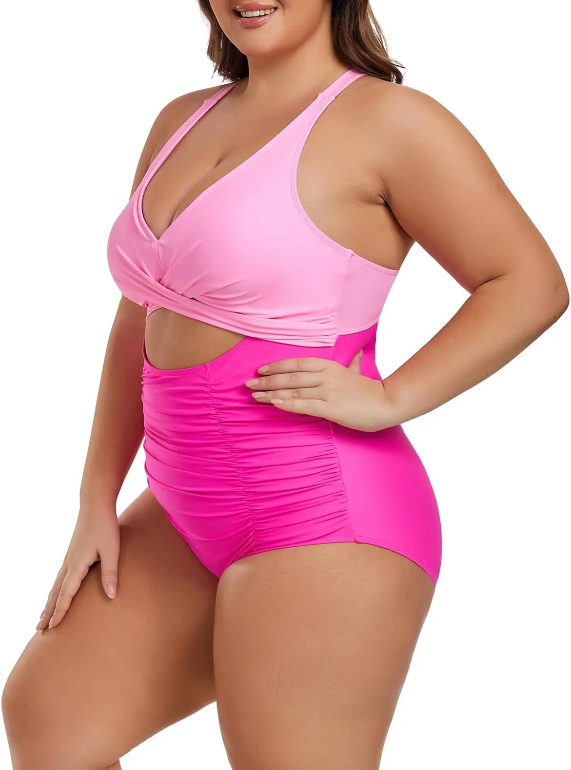 Plus Size One Piece Swimsuit for Women Tummy Control Bathing Suit Cutout High Waisted Tie Back 1 Piece Swim Suit