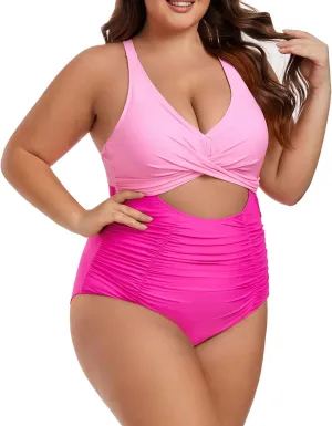 Plus Size One Piece Swimsuit for Women Tummy Control Bathing Suit Cutout High Waisted Tie Back 1 Piece Swim Suit