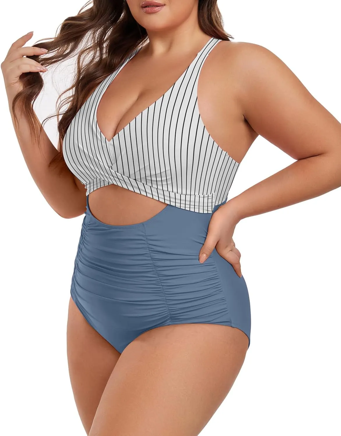 Plus Size One Piece Swimsuit for Women Tummy Control Bathing Suit Cutout High Waisted Tie Back 1 Piece Swim Suit