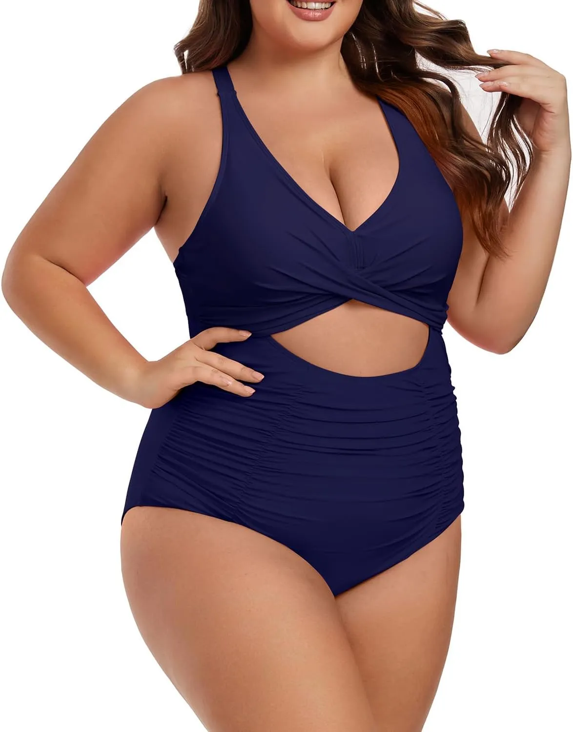 Plus Size One Piece Swimsuit for Women Tummy Control Bathing Suit Cutout High Waisted Tie Back 1 Piece Swim Suit