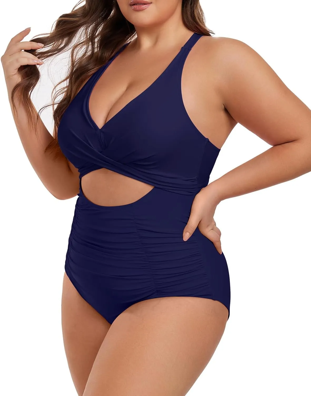 Plus Size One Piece Swimsuit for Women Tummy Control Bathing Suit Cutout High Waisted Tie Back 1 Piece Swim Suit