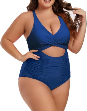 Plus Size One Piece Swimsuit for Women Tummy Control Bathing Suit Cutout High Waisted Tie Back 1 Piece Swim Suit